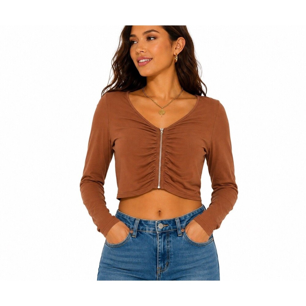 Brown Ruched Zip Front Crop Top Women’s Large Y2K Stretch Going Out Clubwear